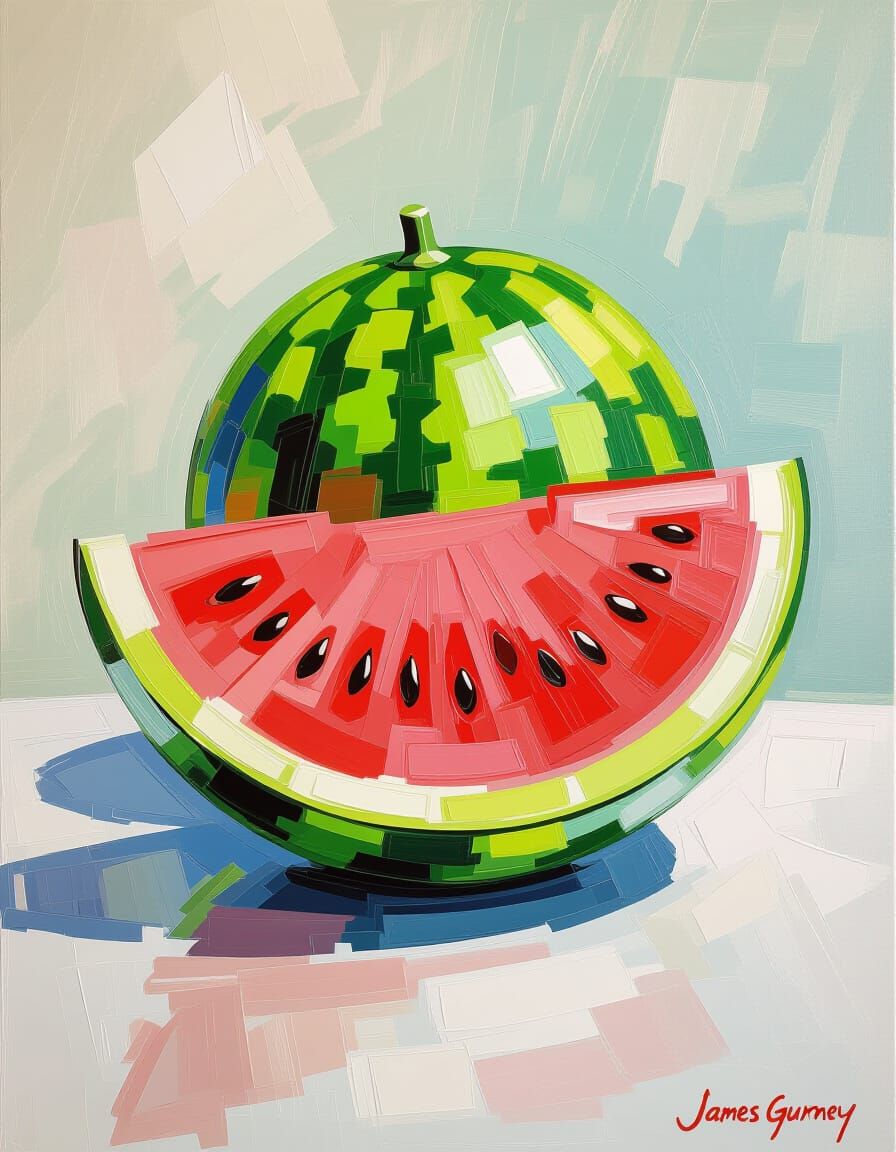 Watermelon Splash in Impressionistic Oil Painting Style