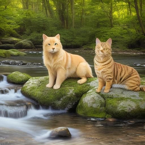 Golden Retriever and Tabby Cat: River Harmony