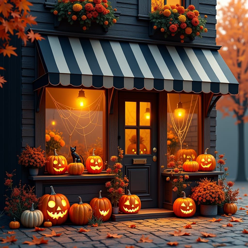 Vintage Halloween Storefront with Pumpkins and Striped Awnin...