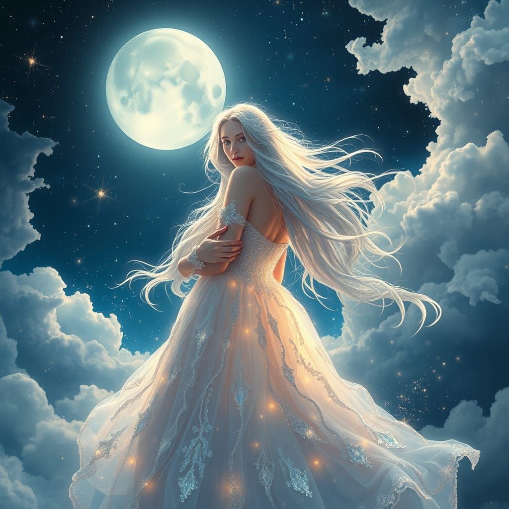 Dreamy Moon Goddess in a Starry Night Sky