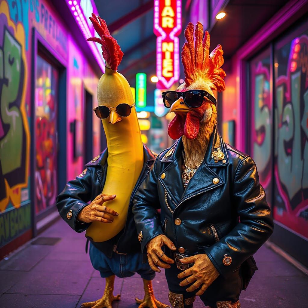 Gangsta Chicken and Banana Stand Confidently in Urban Street...