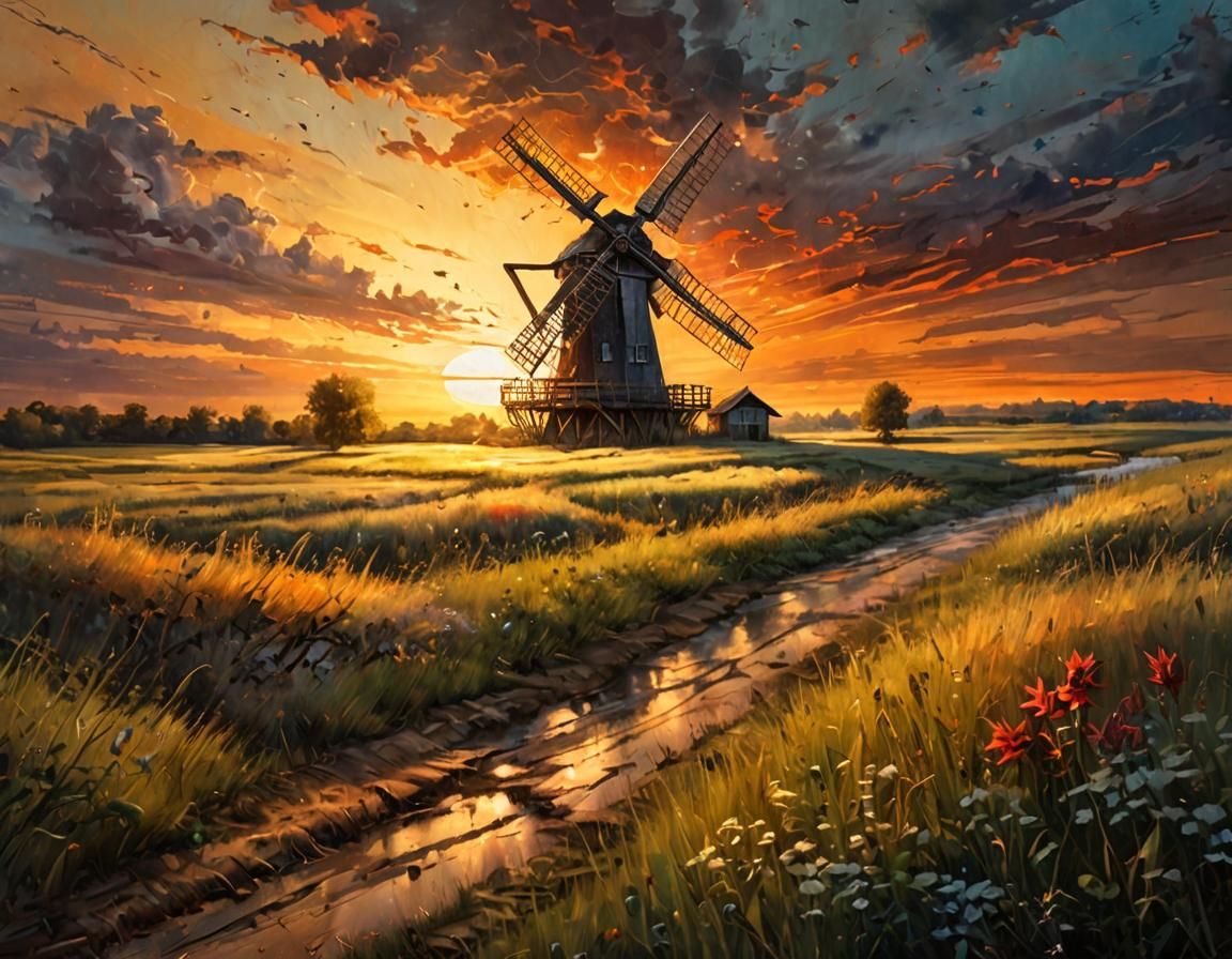 Rustic Windmill in Motion: Acrylic Painting