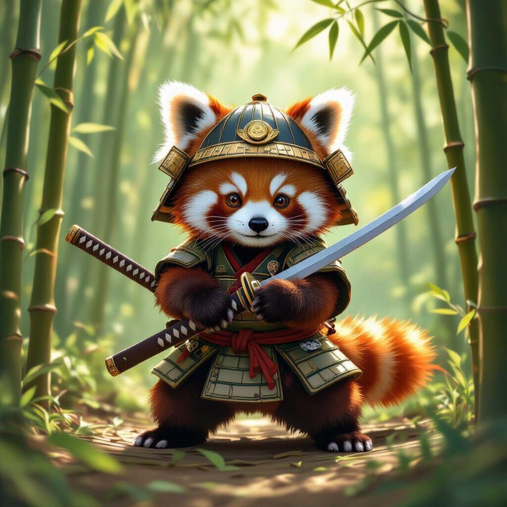 Red Panda Samurai in Bamboo Forest