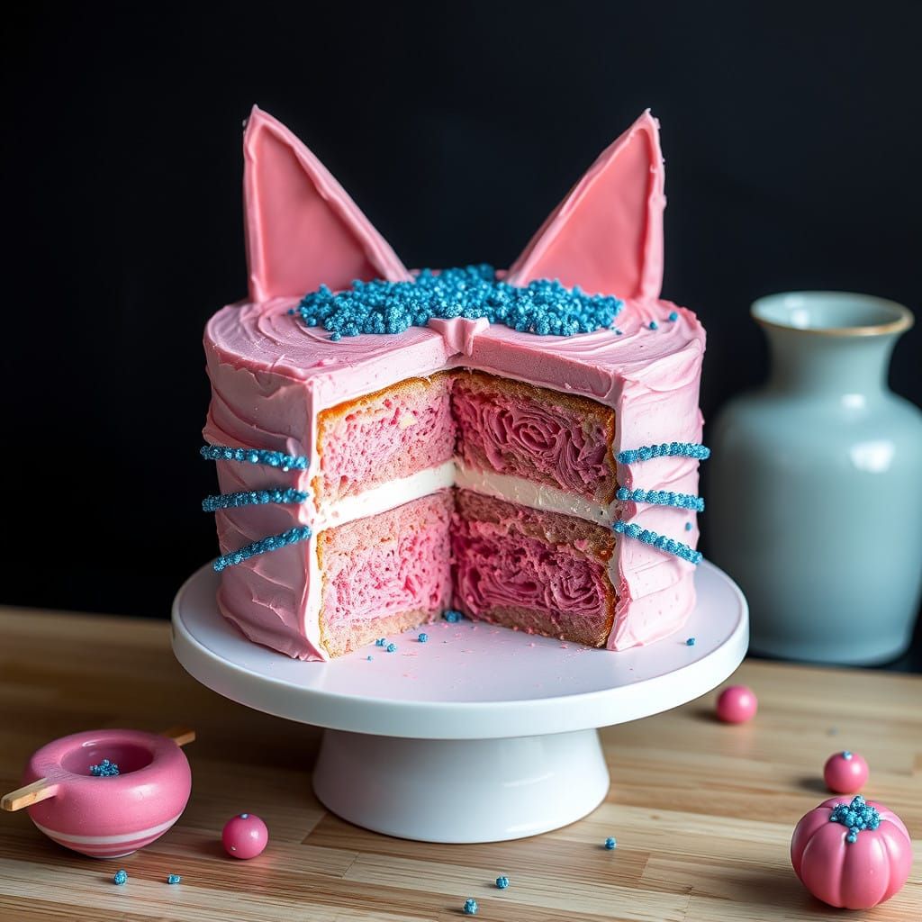 A buttercream pink cat layered cake with blue bling sprinkle...