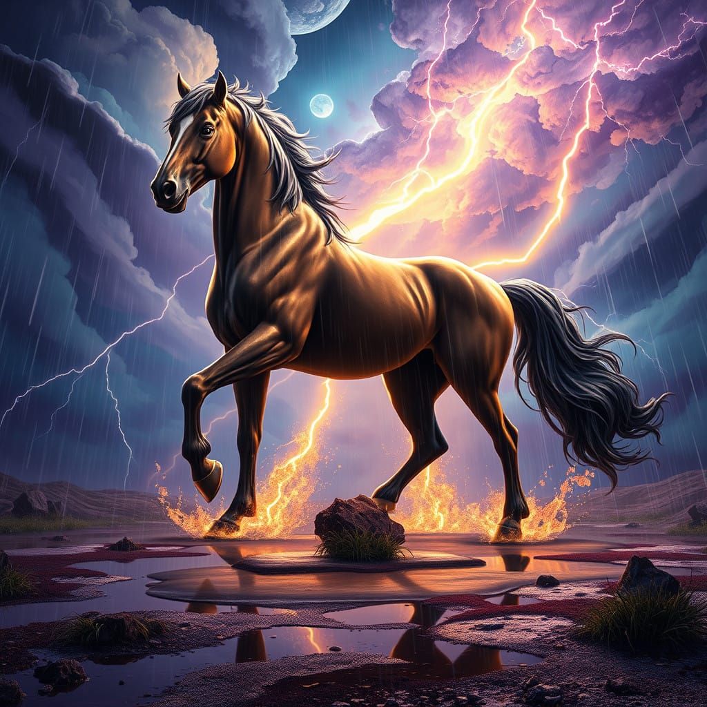 Majestic Horse Illuminated in Turbulent Thunderstorm