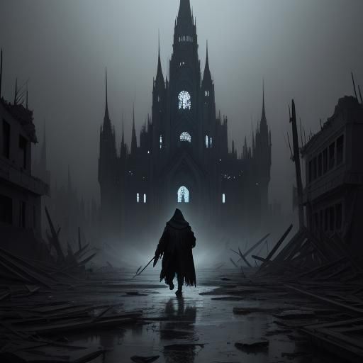 Dystopian North Korean City Ruins in Dark Fantasy Style