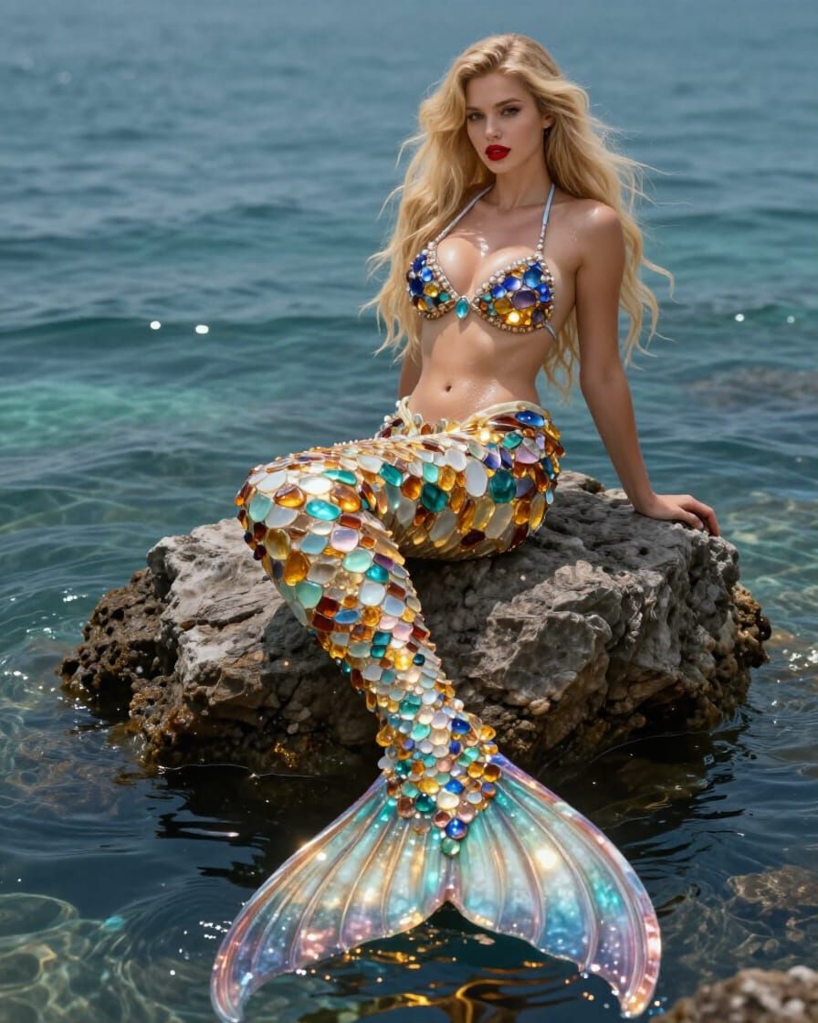 Enchanting Mermaid with Sea Glass Tail, Digital Matte Painti...