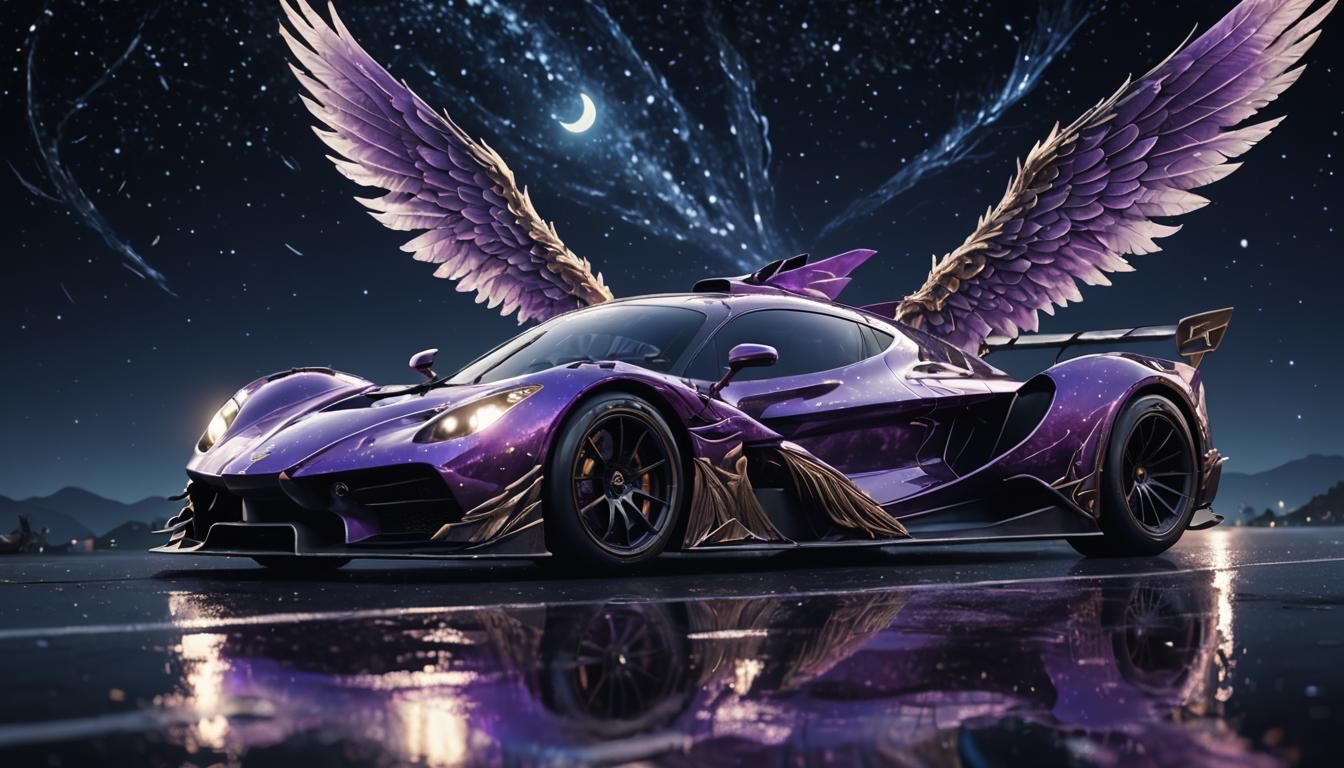 Winged Race Car Soaring in Starry Sky
