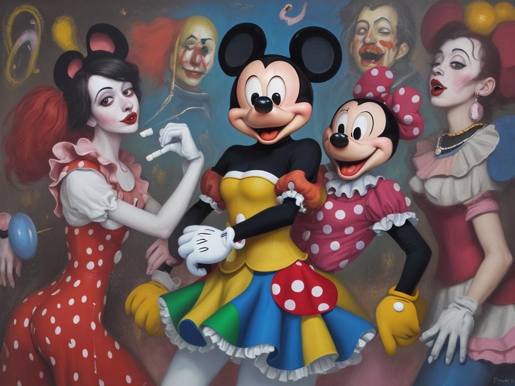 Mickey Mouse and Clowns, Grotesque Oil Painting