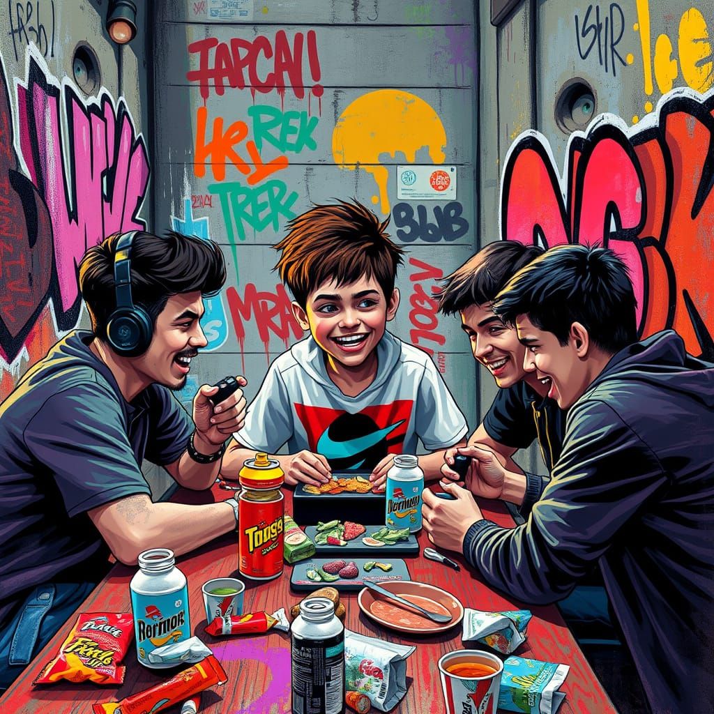 Gaming Friends in Vibrant Urban Scene