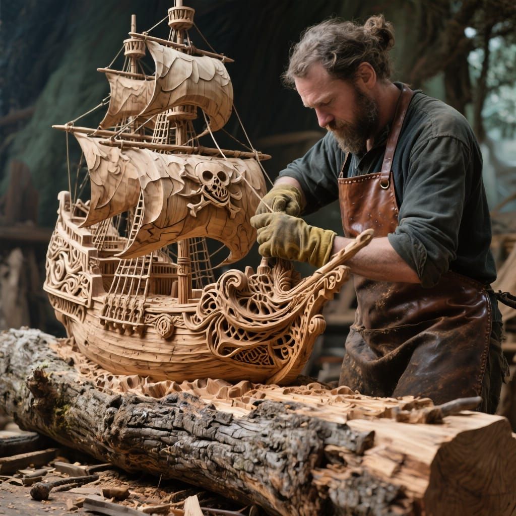 Pirate Ship Wood Carving with Intricate Details