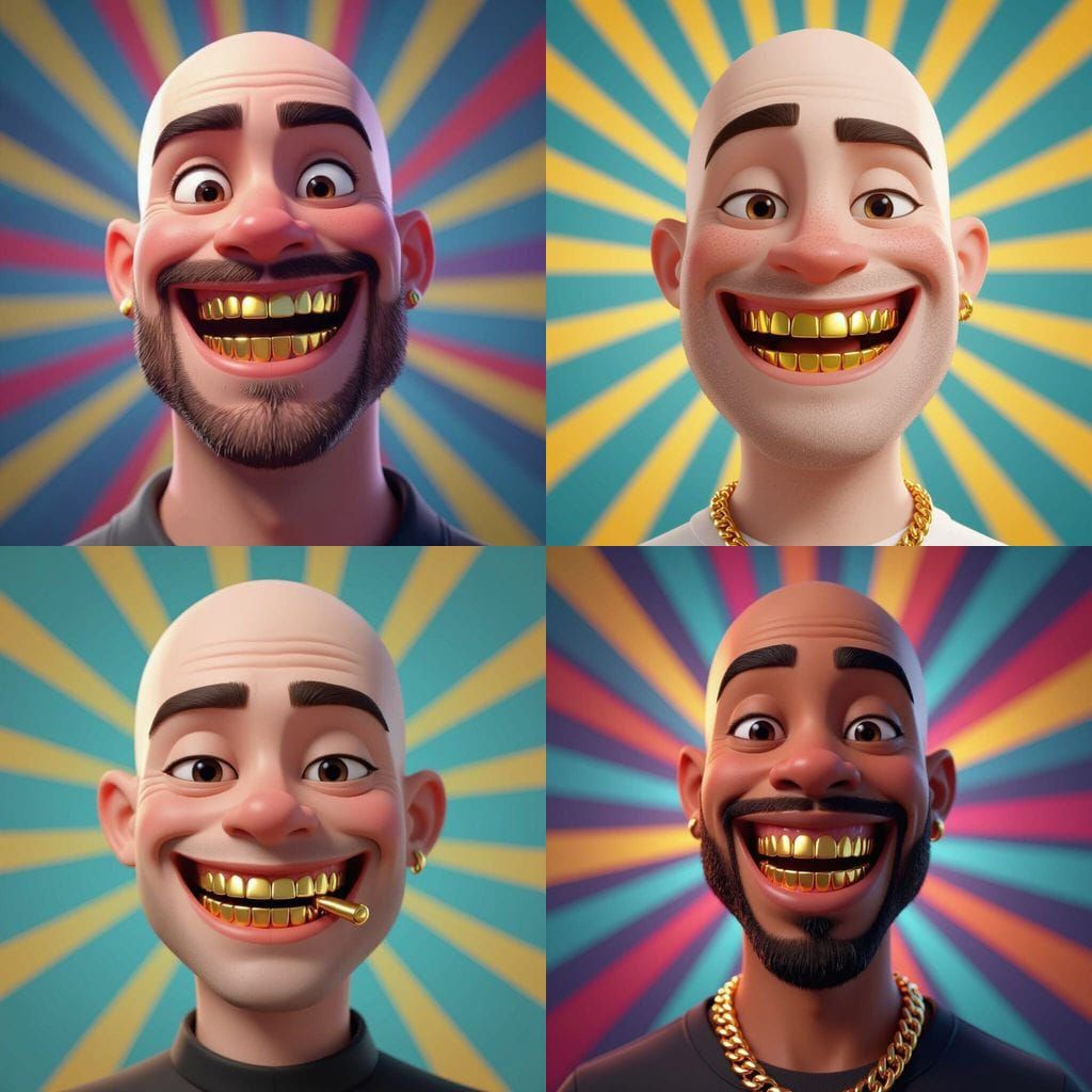 Bald Man with Gold Grill in Pixar Style
