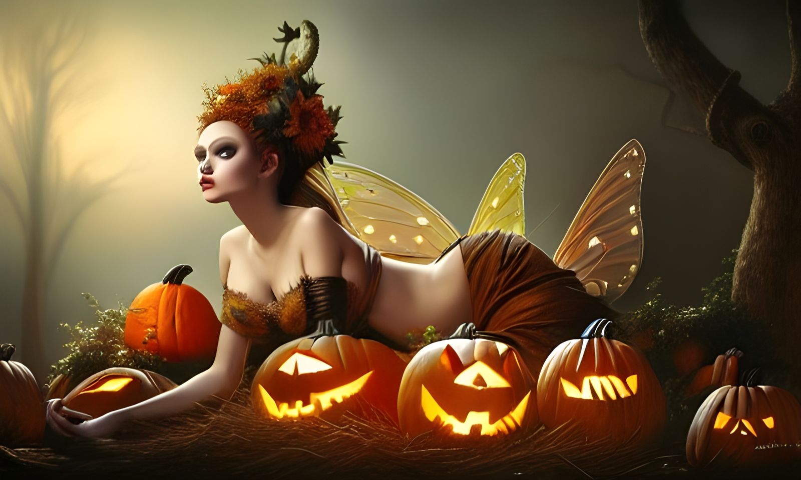 Fairy Relaxing on Pumpkins in Golden Age Illustration Style