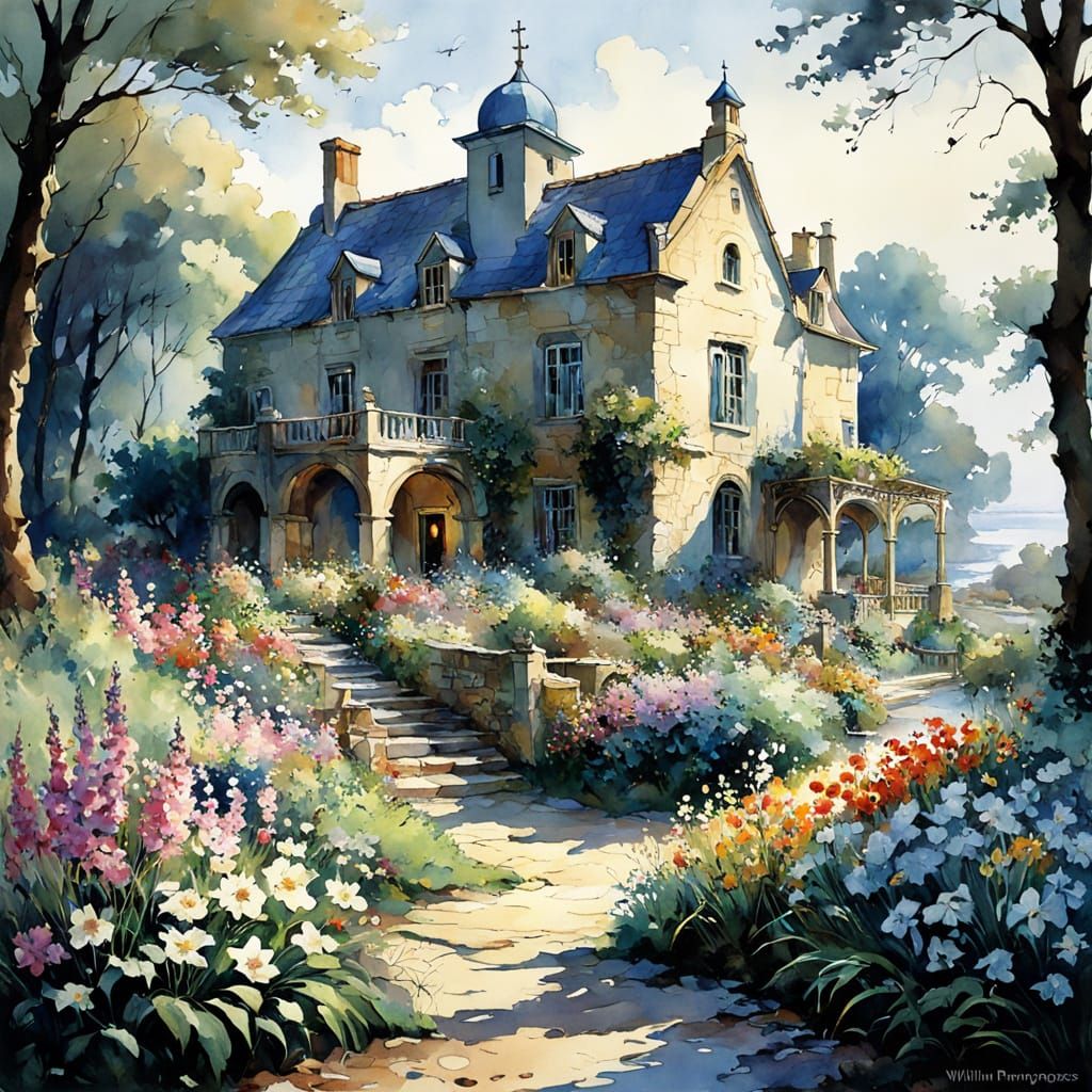 Whimsical Mansion Scene in Dreamy Watercolor Style