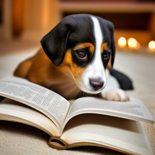Puppy Reading Book by Candlelight in High Resolution