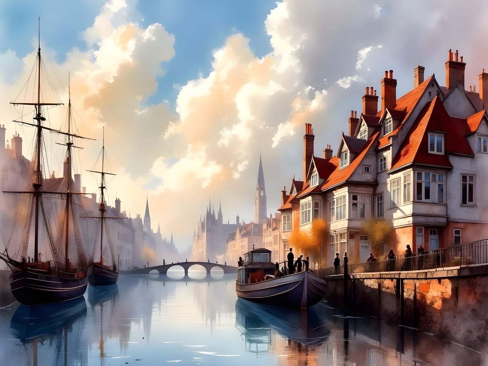 Whimsical Old English Harbour Scene in Impressionist Style