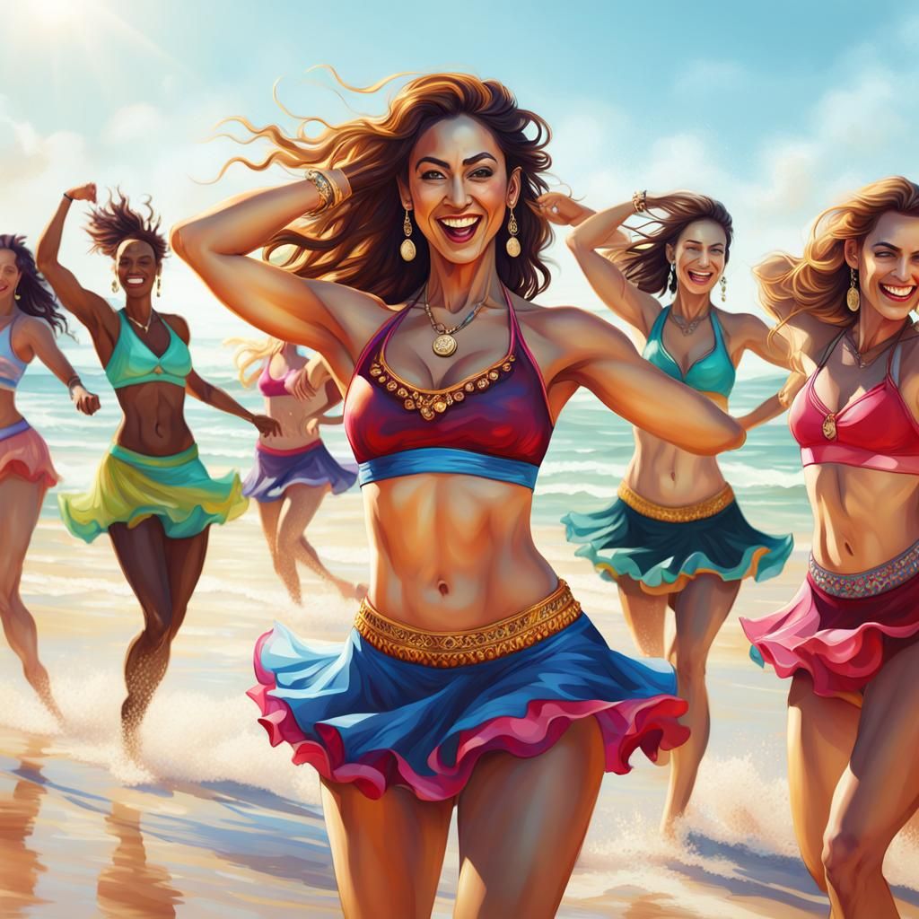 Zumba Dancers Enjoying Beach Workout in Splash Art Style