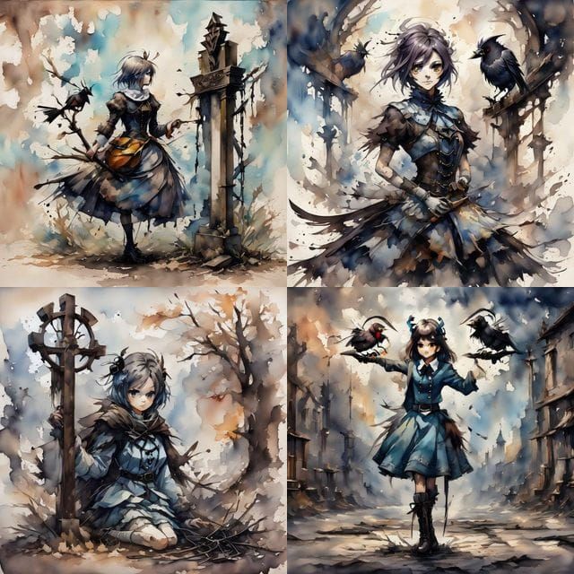 Girl Mourns with a Solemn Crow Amidst a Desolate Tombstone