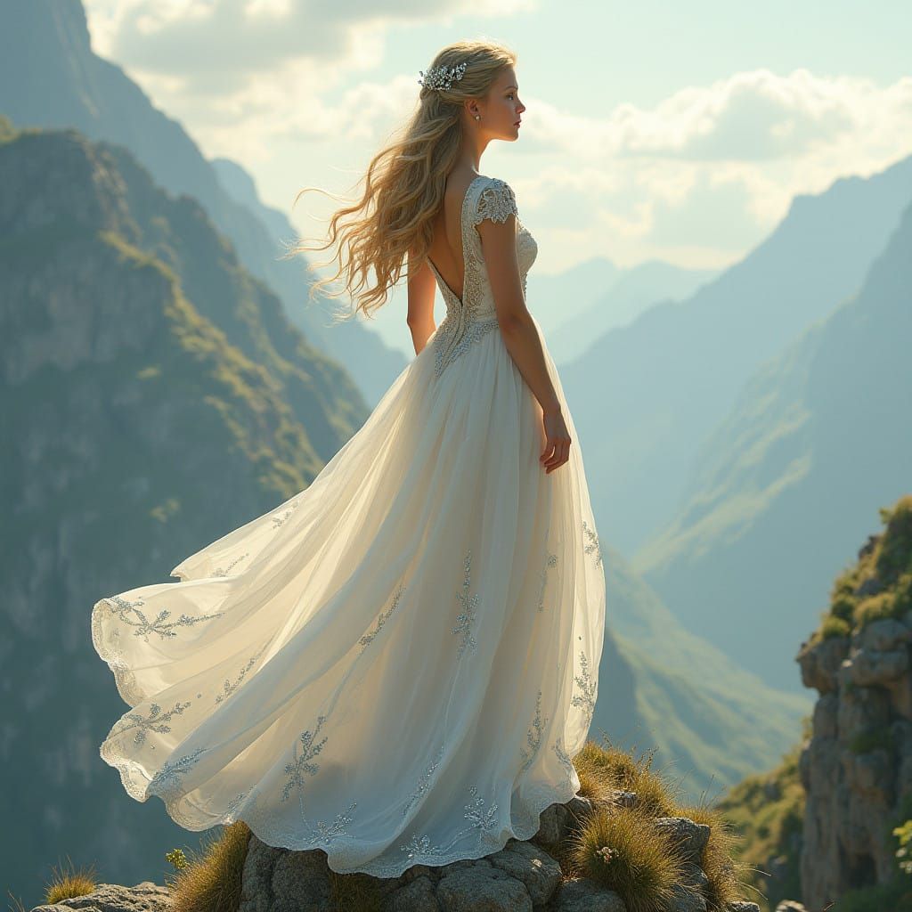 Ethereal Fantasy Princess on Mountain Peak in Golden Light