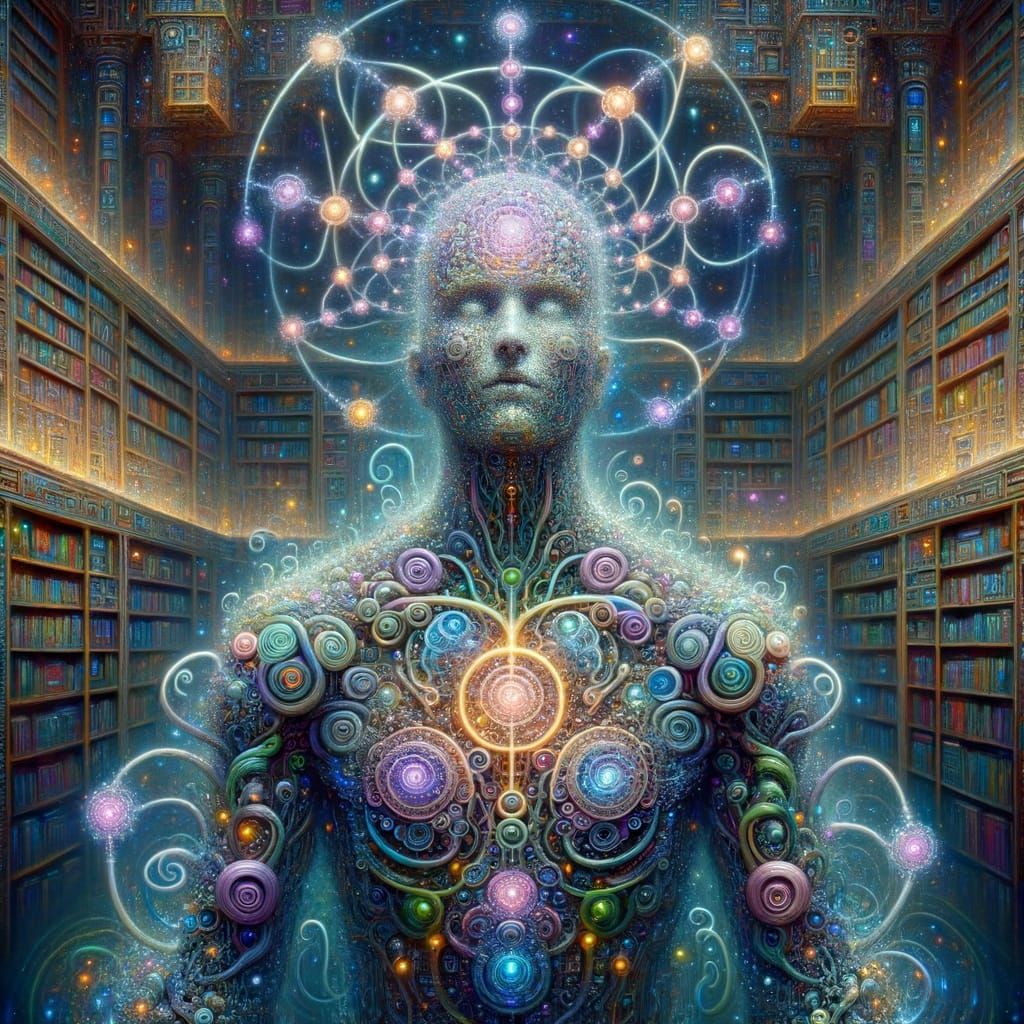 Ethereal Cybernetic Entity amidst Whimsical Library