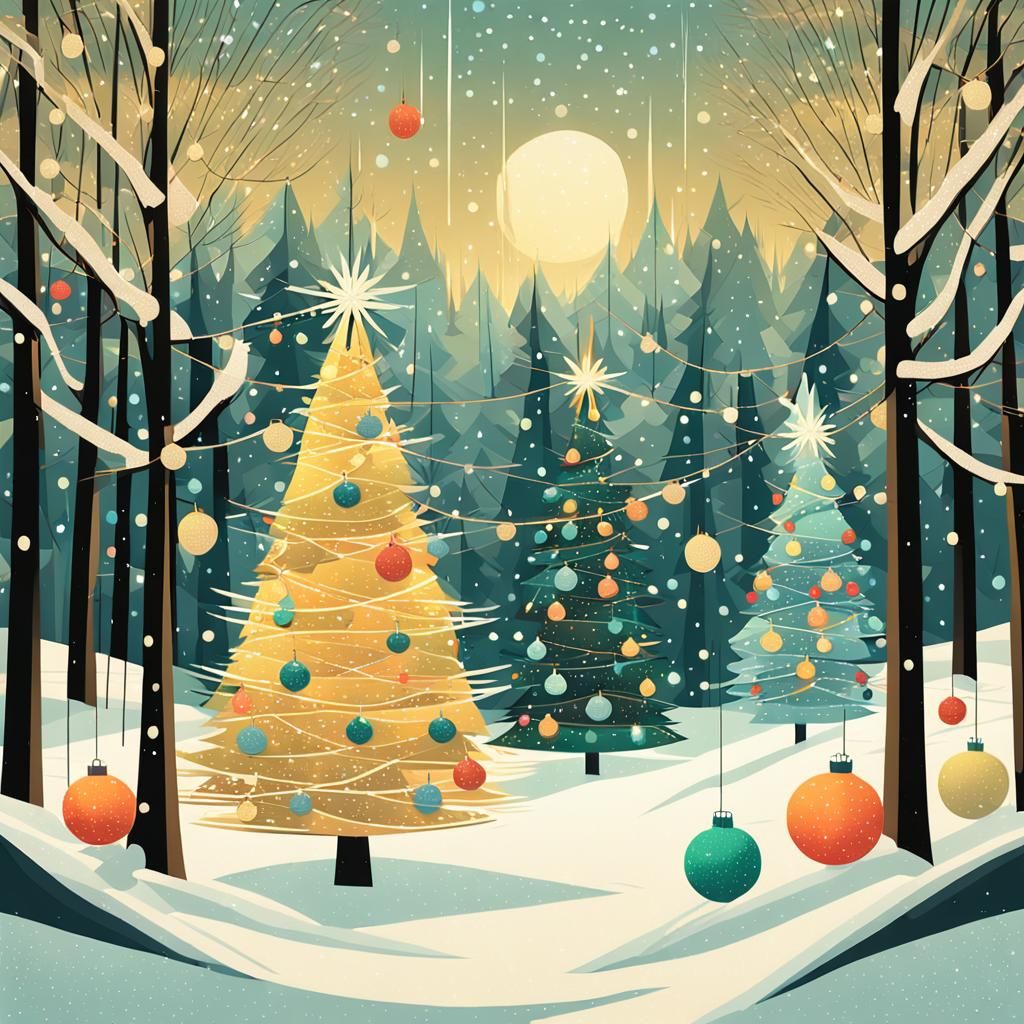 Vintage Christmas Trees in Snowy Forest, Midcentury Modern P...
