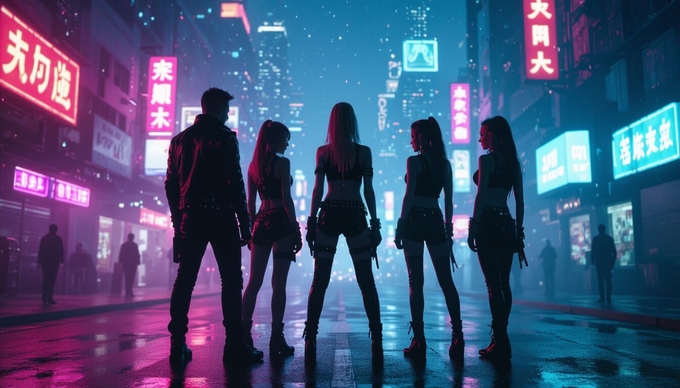 Cyberpunk Band Silhouette in Neon Cityscape