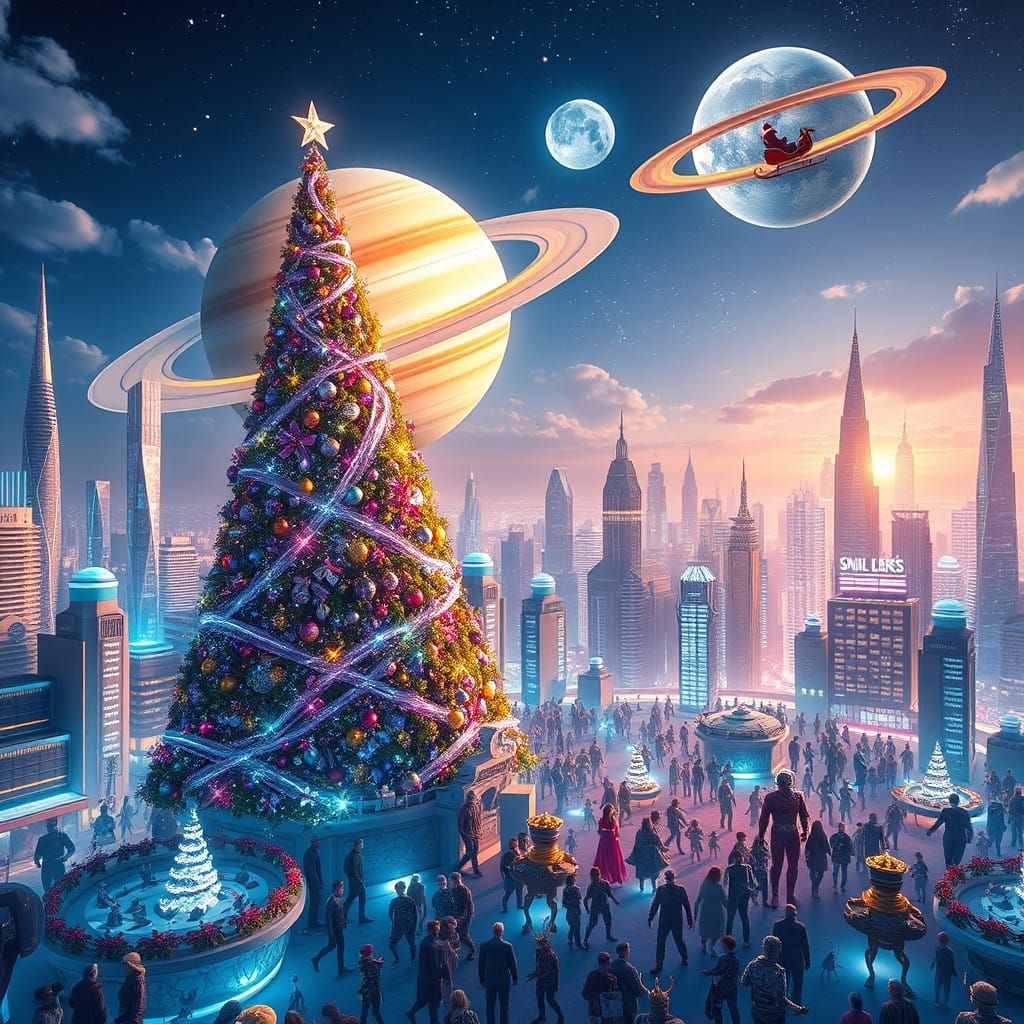 Humans and Aliens Celebrate Christmas in Vibrant, Shimmering...