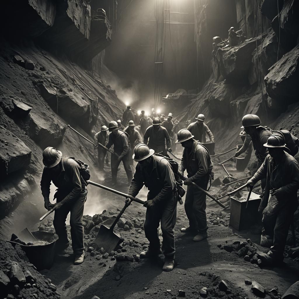 Miners in Dimly Lit Goldmine: Industrial Film Still