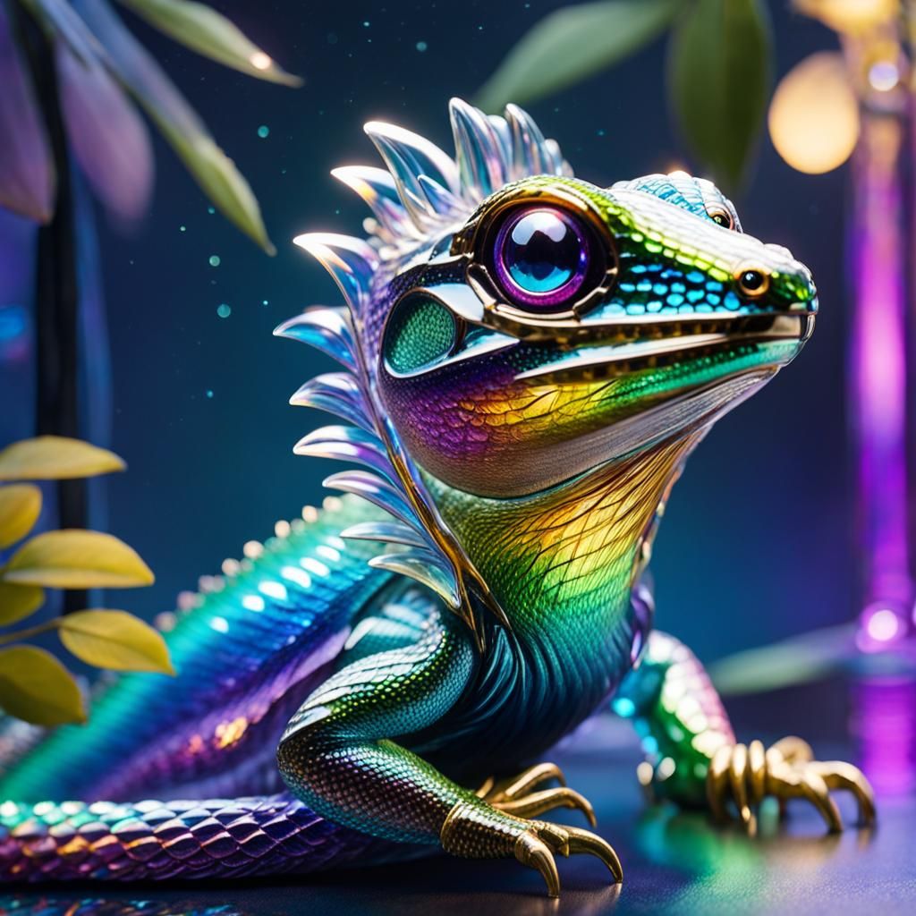 Iridescent Glass Lizard Sculpture in Twilight Garden