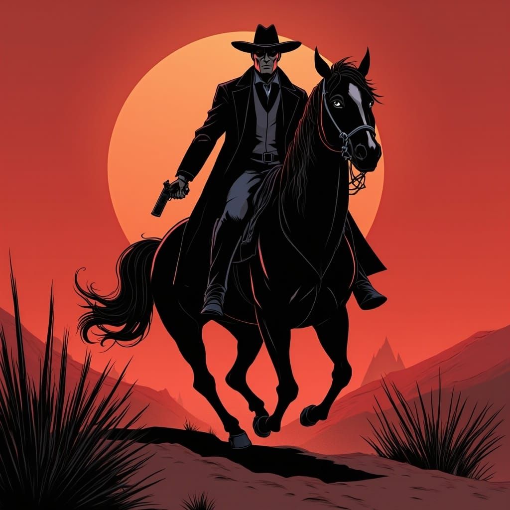 Cowboy on Horseback in Desert Landscape