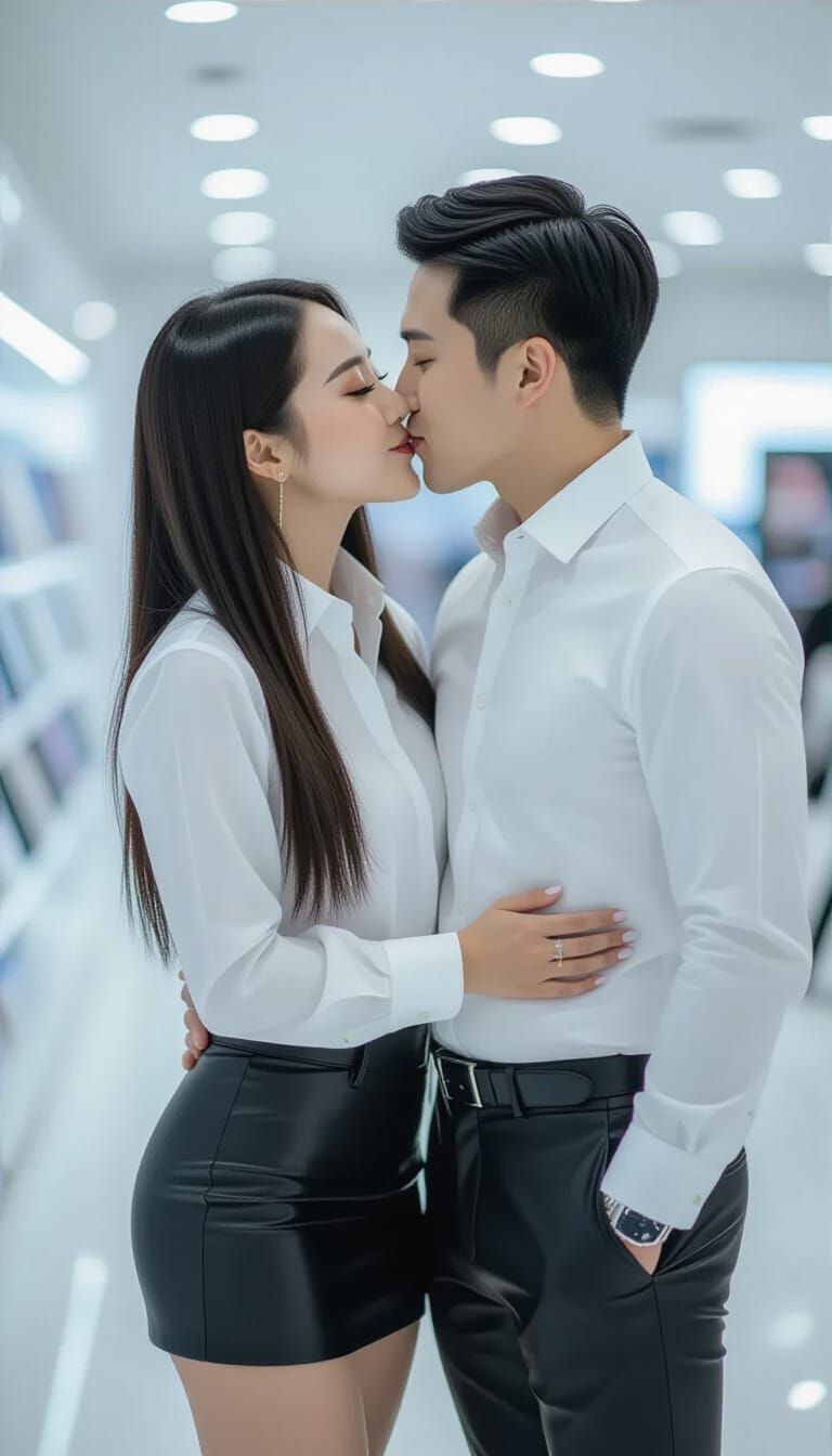 Asian Woman Kissing Boyfriend in Smartphone Store