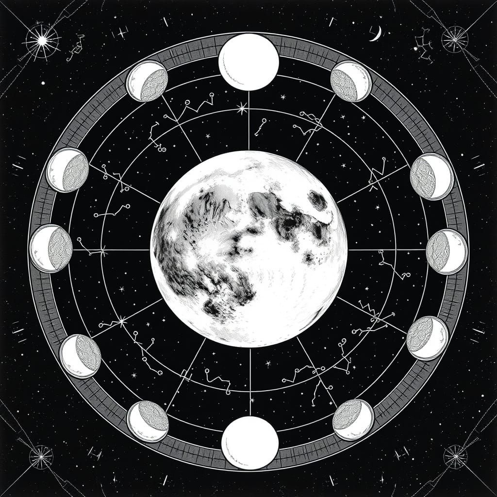 Celestial Moon Phase Mandala in Whimsical Line Work