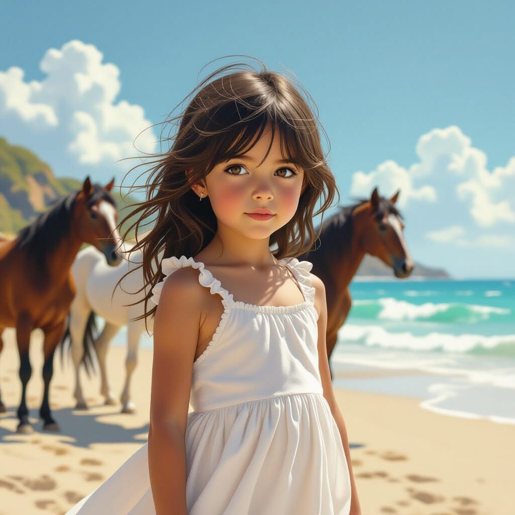 Girl Playing with Horses on Beach in Hyperrealism Style
