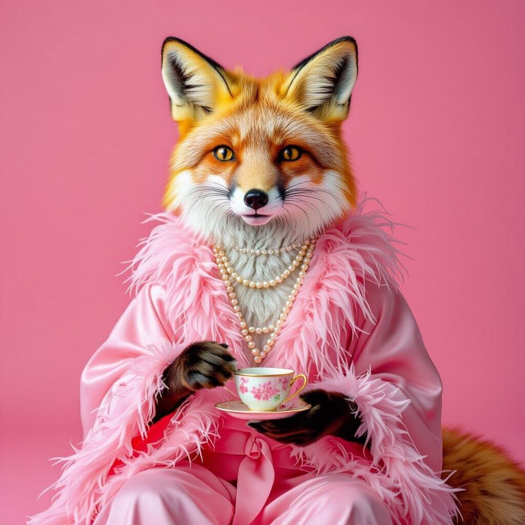 Sophisticated Fox in Pink Studio Poses Elegantly
