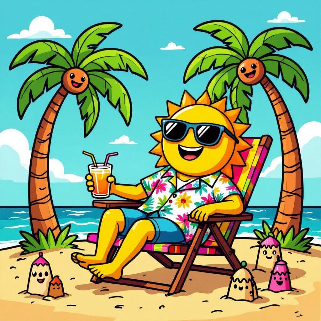Cartoon Sun Character Relaxing on Tropical Beach