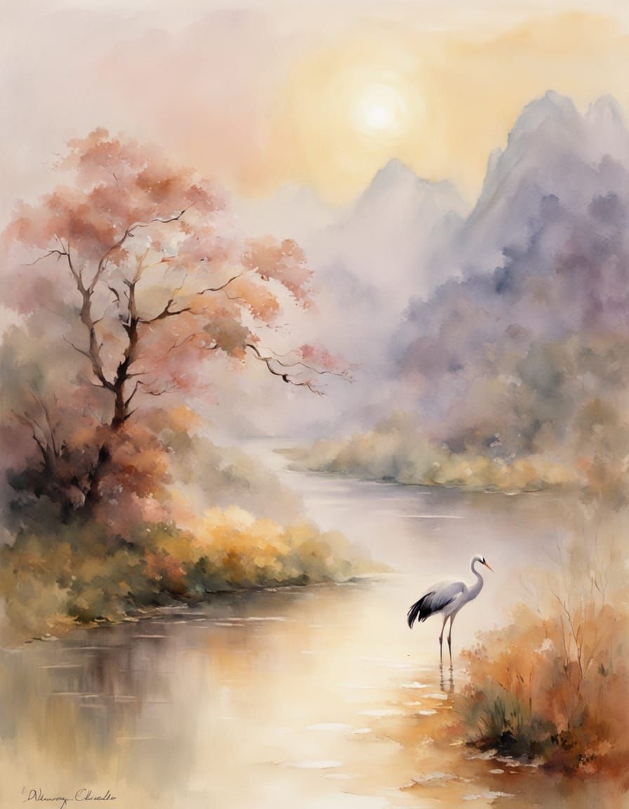 Serene Southeast Asian Watercolor Landscape with Oriental Cr...