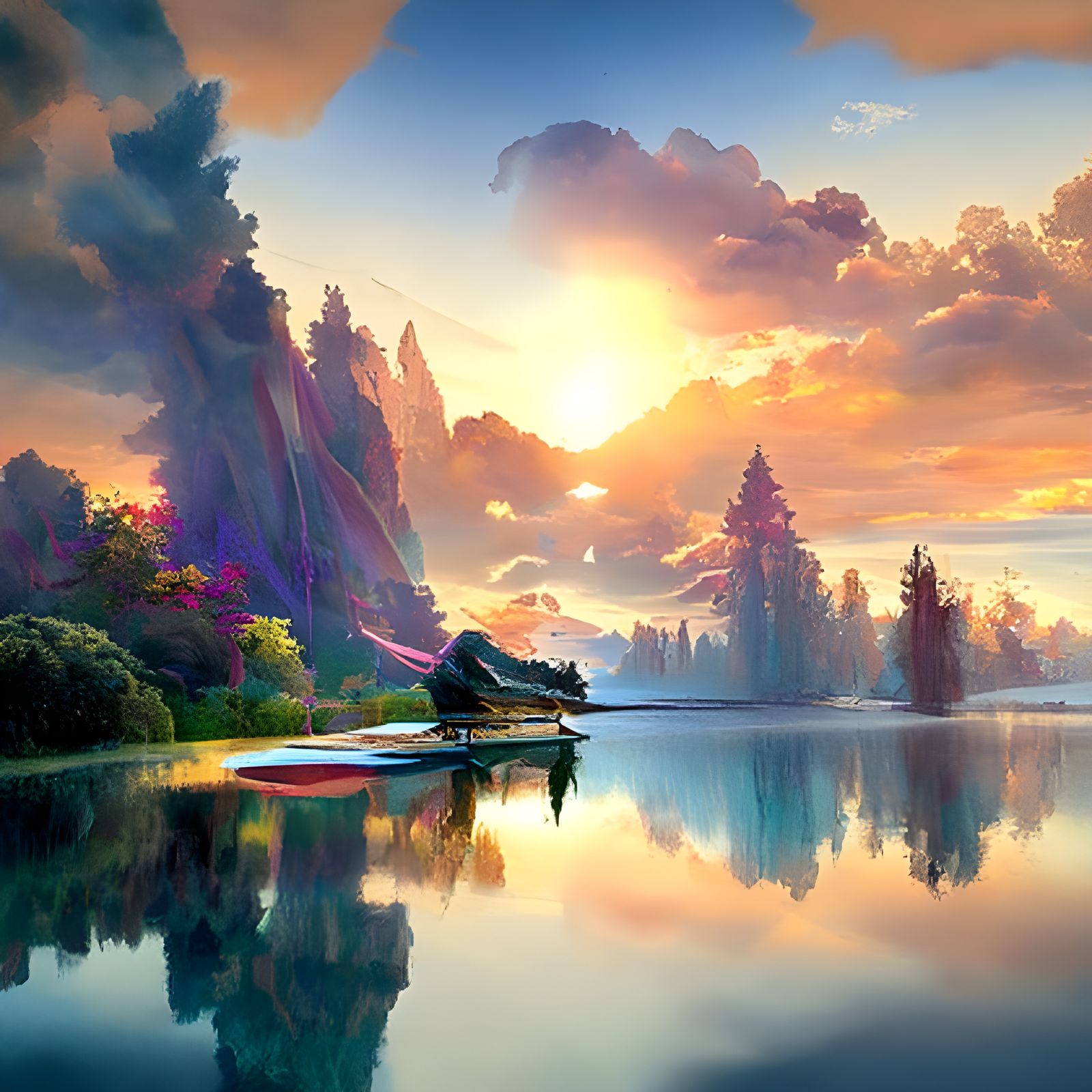 Iridescent Sunset Reflection Over Calm Lake