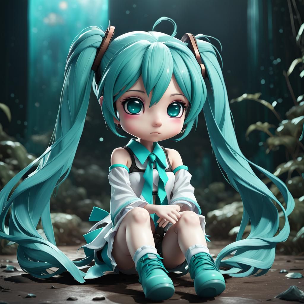 Chibi Porcelain Hatsune Miku Doll: Detailed Digital Art