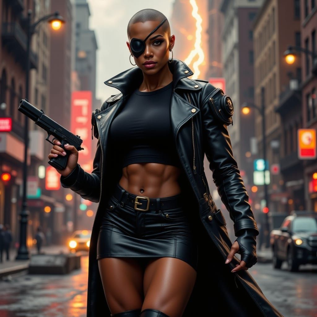 Female Nick Fury Pin-Up in Deserted Street