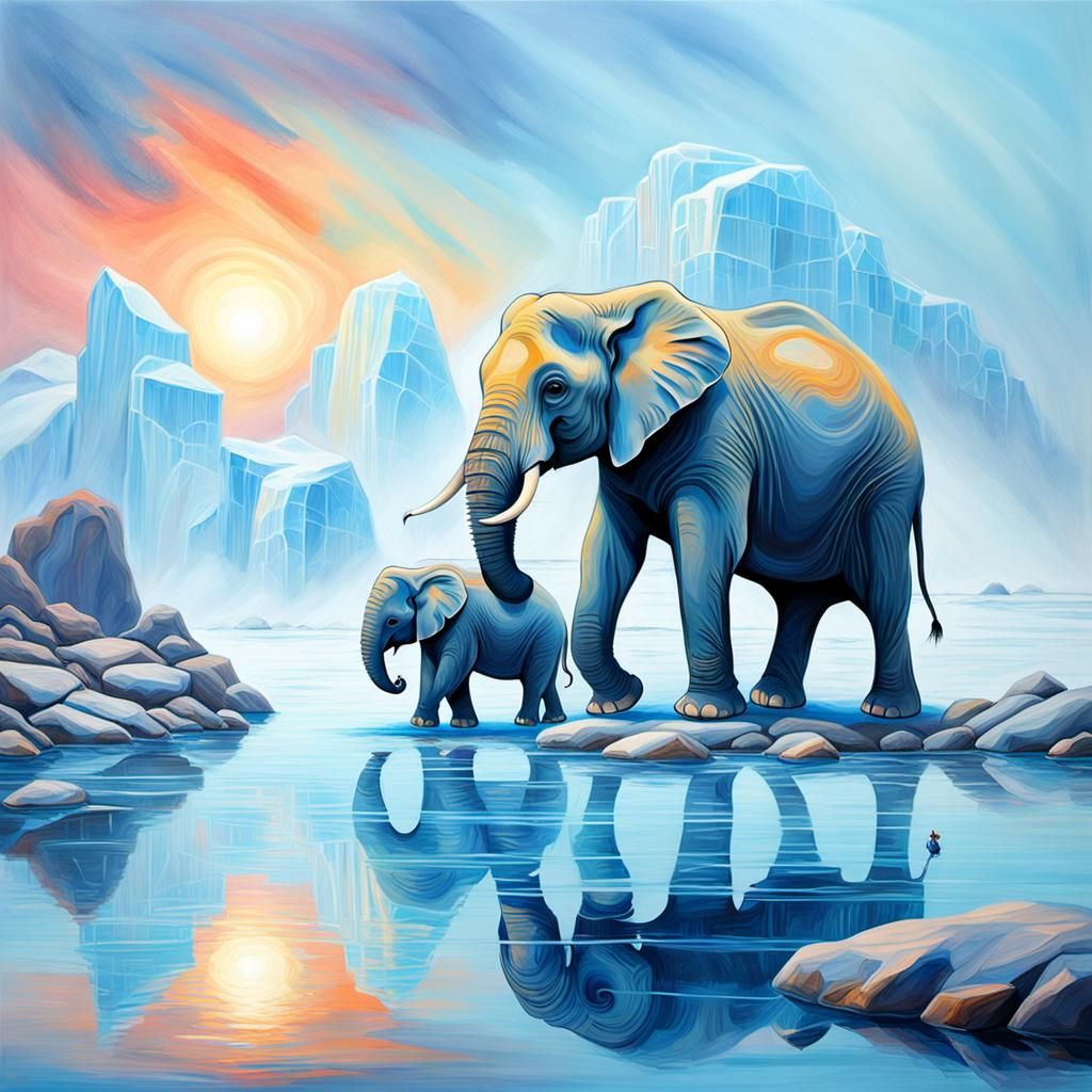 Abstract Pastel Elephant Family in Arctic Landscape