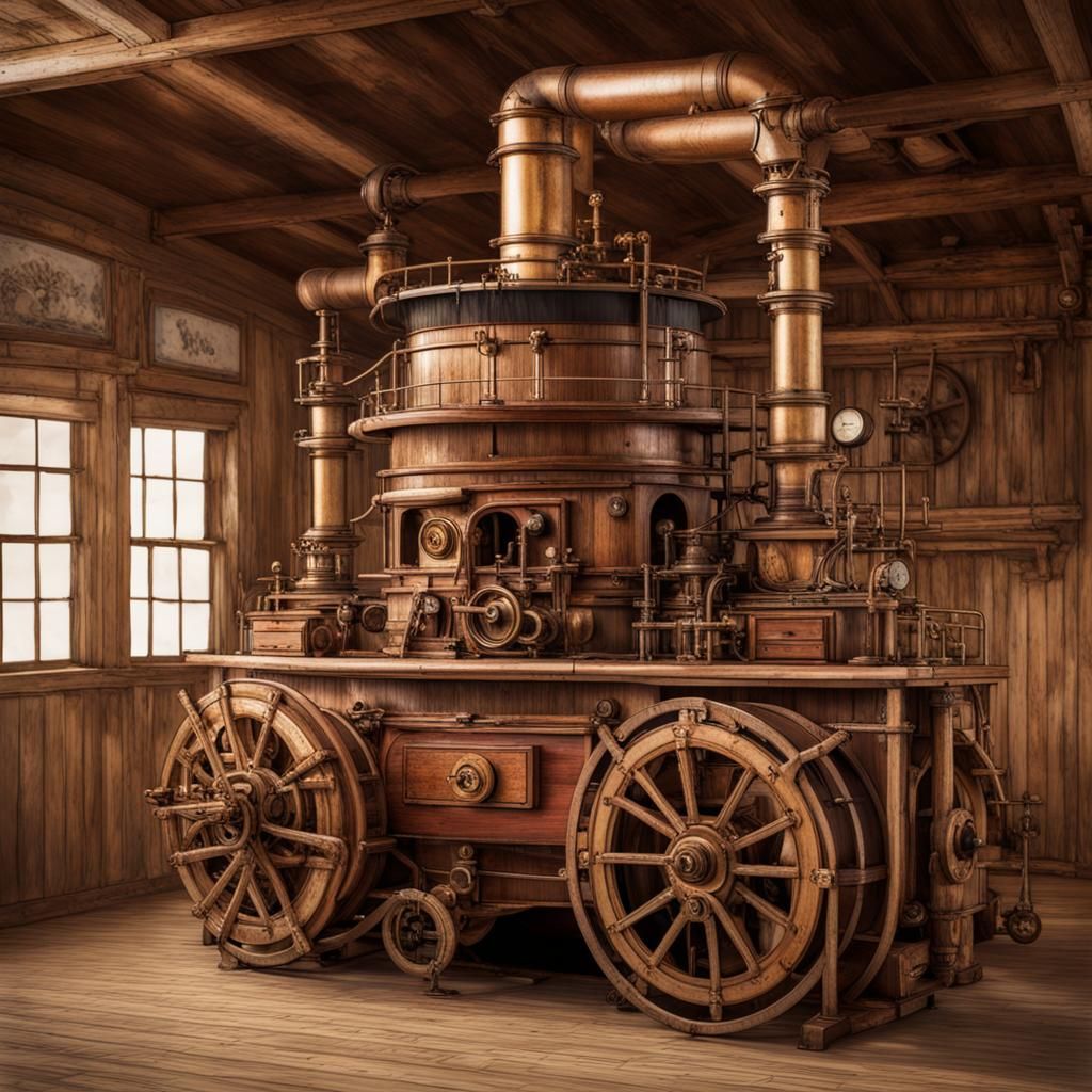 Vintage Steamboat with Paddle Wheel and Steampunk Engine