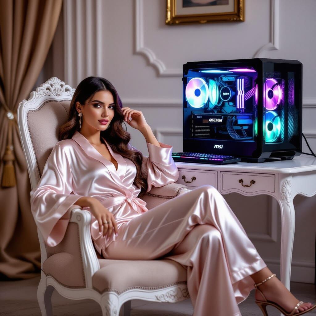 Woman Gaming on High-End PC in Victorian Setting