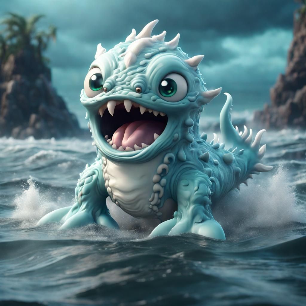 Cute White Sea Monster in Stormy Sea