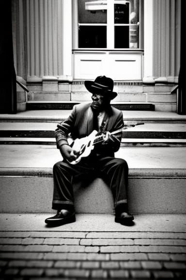 Noir Bluesman Plays Guitar in Providence