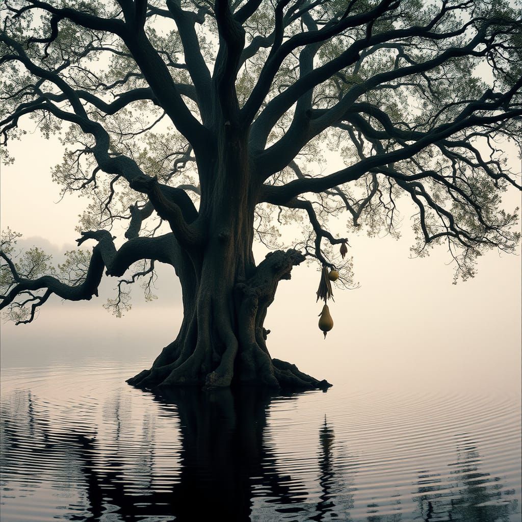 Ancient Tree Reflects on Serene Lake