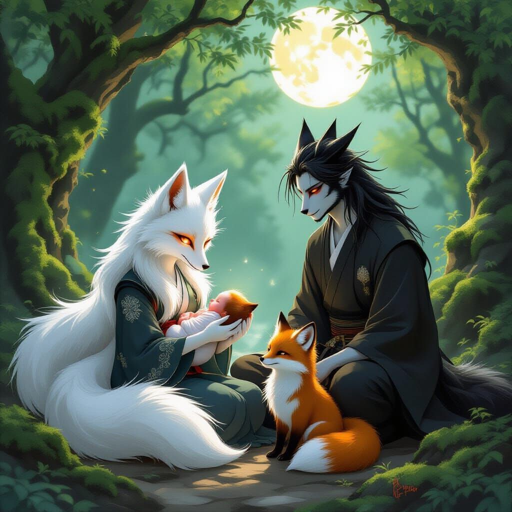 Mystical Kitsune Family in Enchanted Dusk Forest