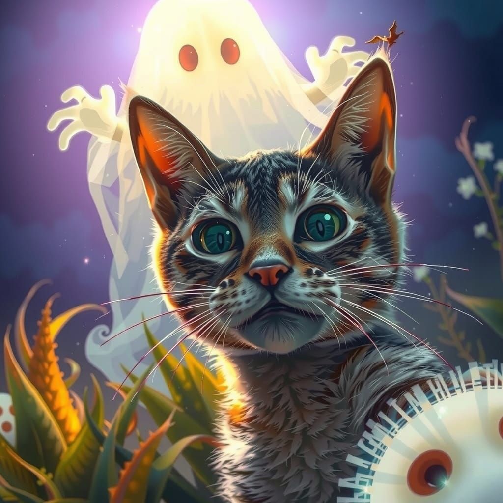 Frightened Cat Running from Ghost, Whimsical Art Style