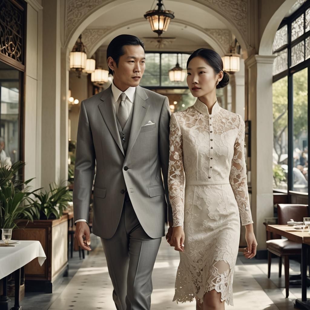 Stylish Asian Couple in Restaurant: Fashion Photography