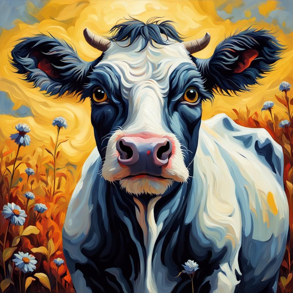 Grotesque Impressionist Oil Painting of an Adorable Cow