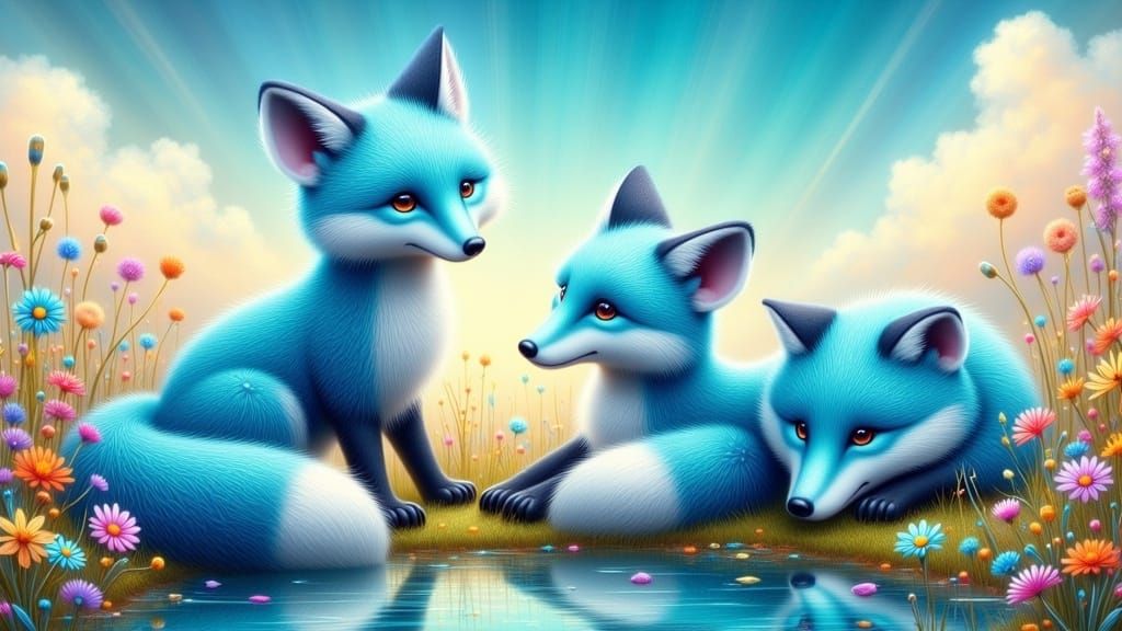 Blue Fox Family in Ethereal Meadow, Acid Wash Effect